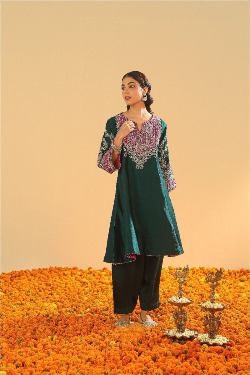 Mohsina Chauga with Salwar-Emerald green silk by SHEETAL BATRA for women in Singapore