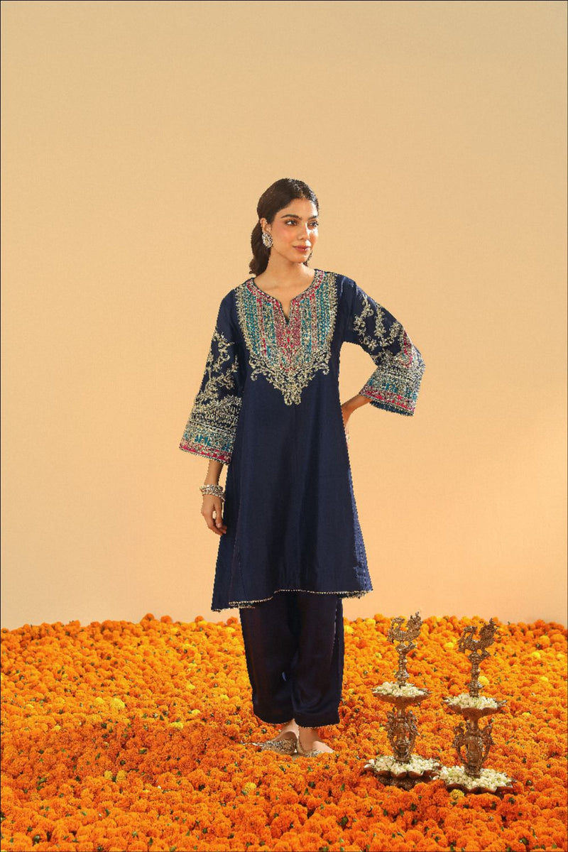 Mohsina Chauga with Salwar-Deep blue silk by SHEETAL BATRA in blue color for women in Singapore