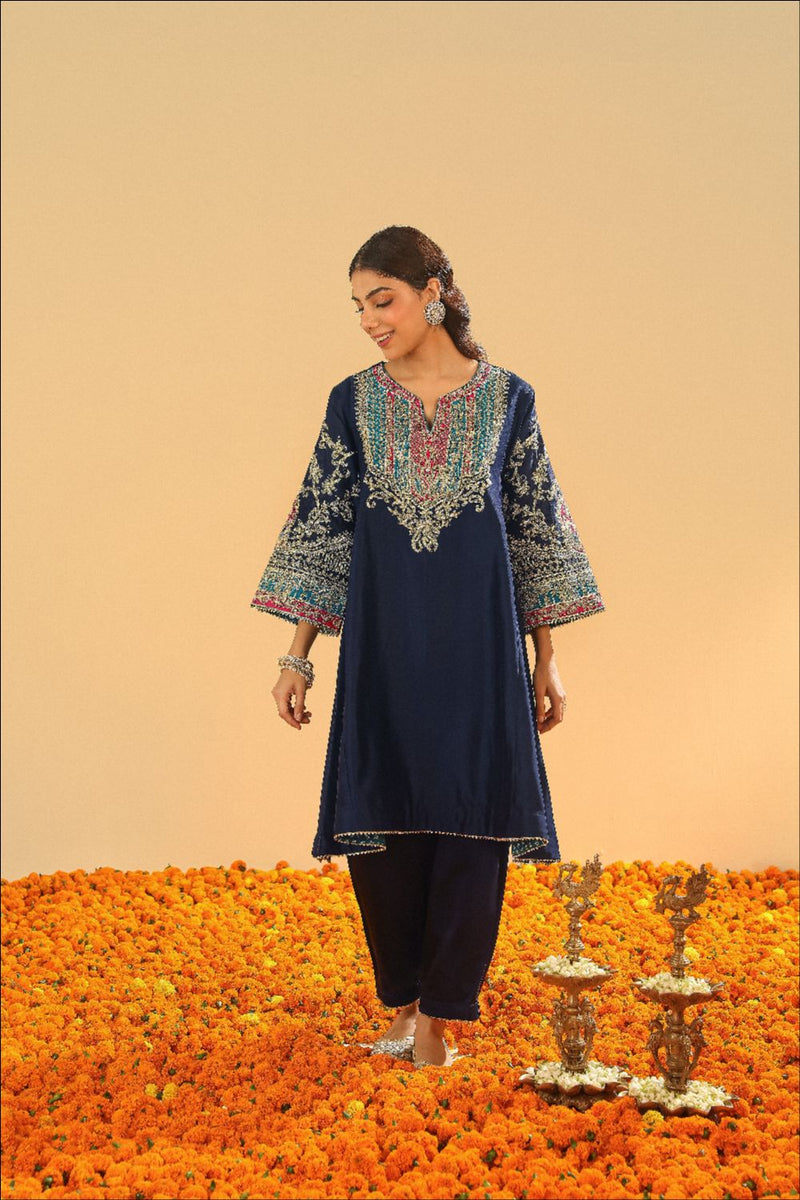 Mohsina Chauga with Salwar-Deep blue silk by SHEETAL BATRA in blue color for women in Singapore