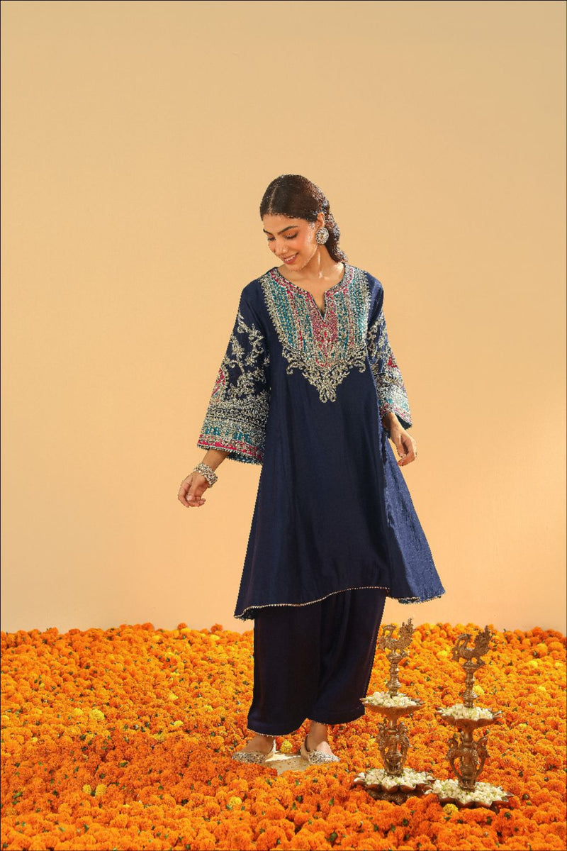 Mohsina Chauga with Salwar-Deep blue silk by SHEETAL BATRA in blue color for women in Singapore