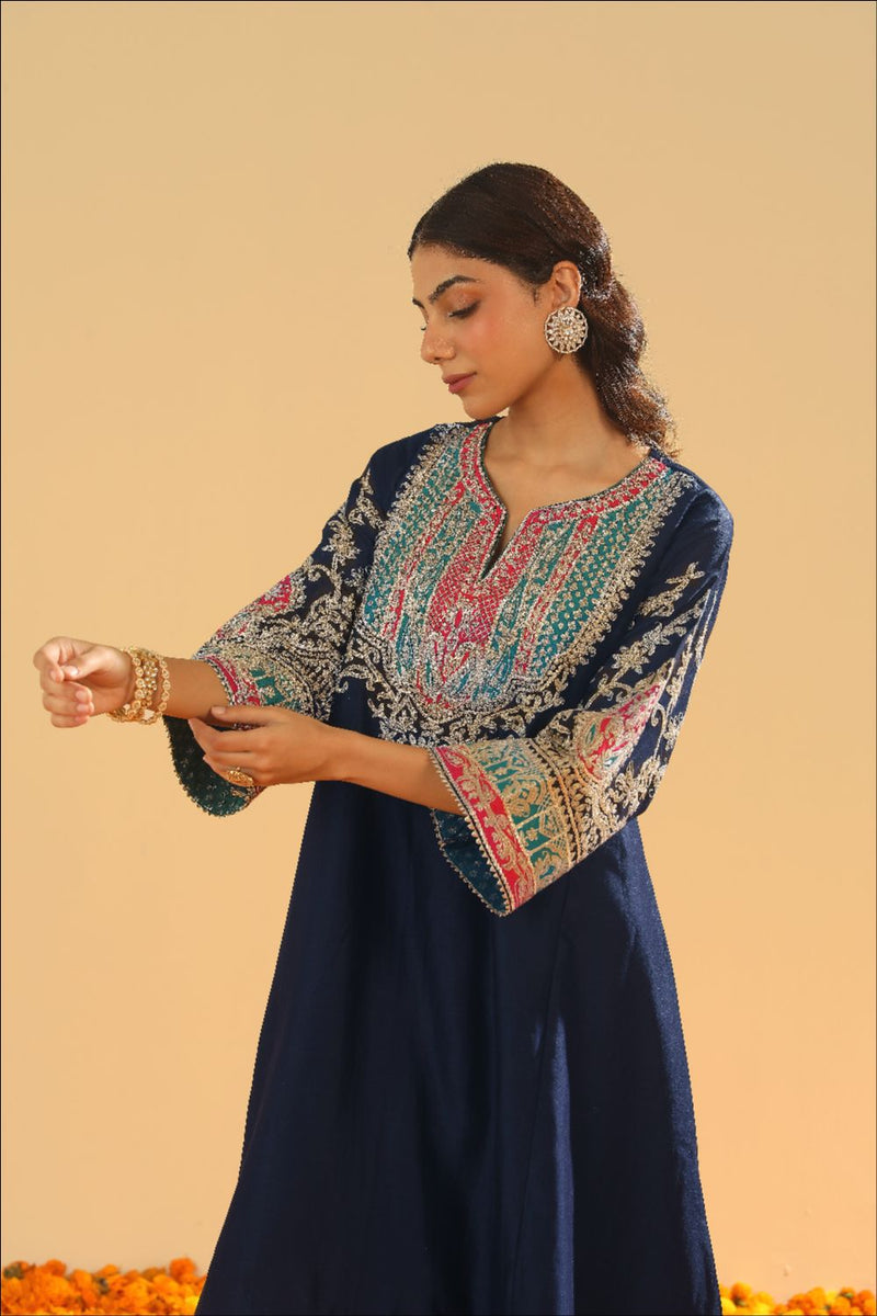 Mohsina Chauga with Salwar-Deep blue silk by SHEETAL BATRA in blue color for women in Singapore