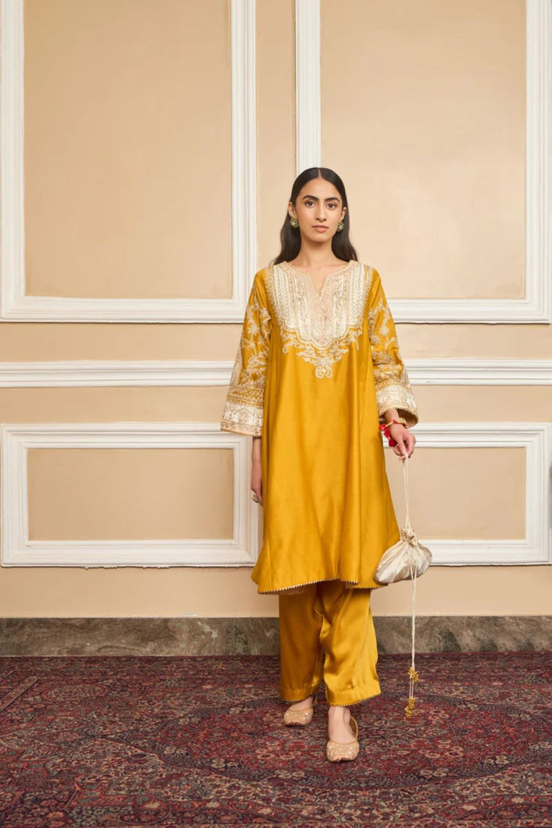 Mohsina Chauga with Salwar-Glaze mustard silk by SHEETAL BATRA in mustard color for women in Singapore