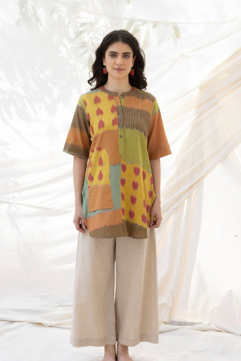 SUR BUTTON TUNIC 100% cotton by Translate - Handwoven Ikat in multi color for women in Singapore