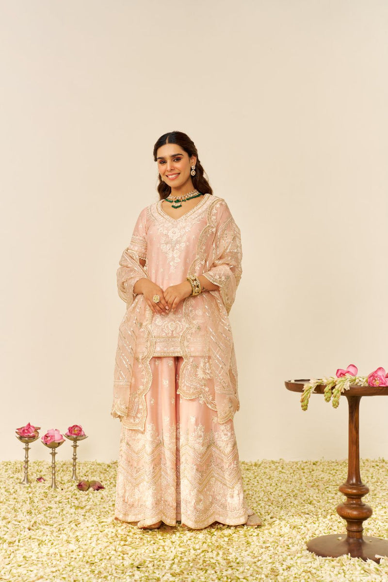 Sameeha - Short Kurta With Sharara And Dupatta-Off Rose silk by SHEETAL BATRA in pink color for women in Singapore