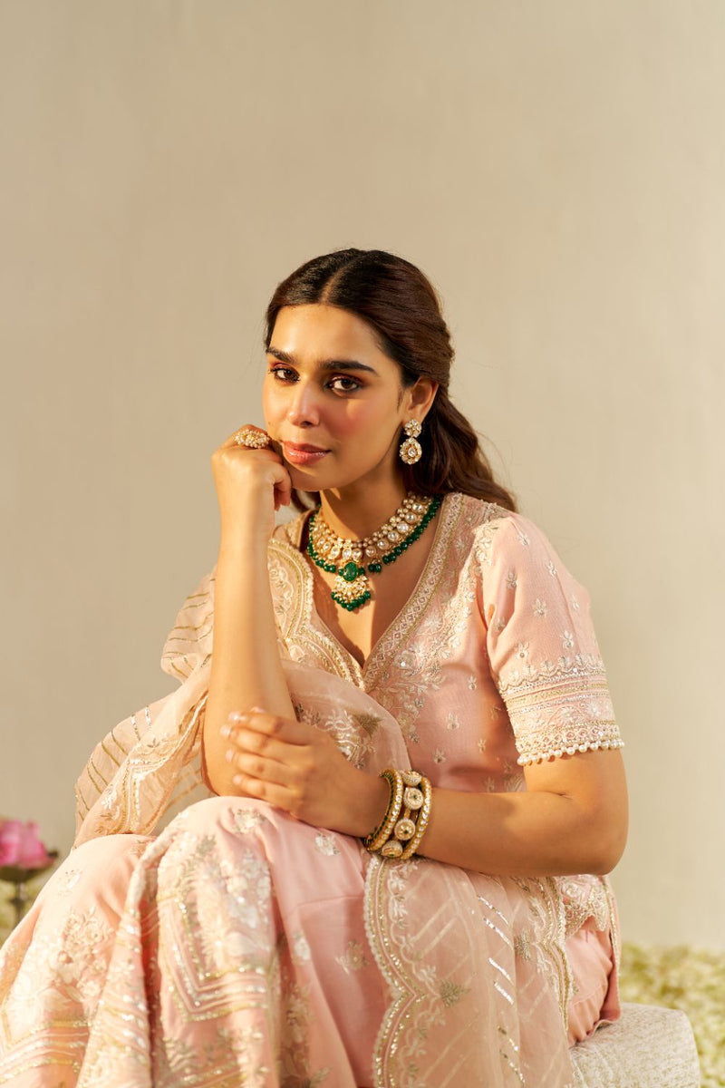 Sameeha - Short Kurta With Sharara And Dupatta-Off Rose silk by SHEETAL BATRA in pink color for women in Singapore