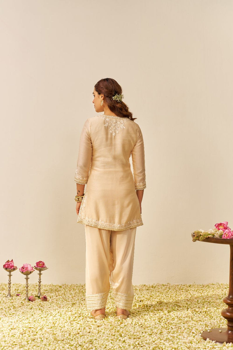Haniya - Short Kurta With Salwar And Dupatta-Beige silk by SHEETAL BATRA in beige color for women in Singapore