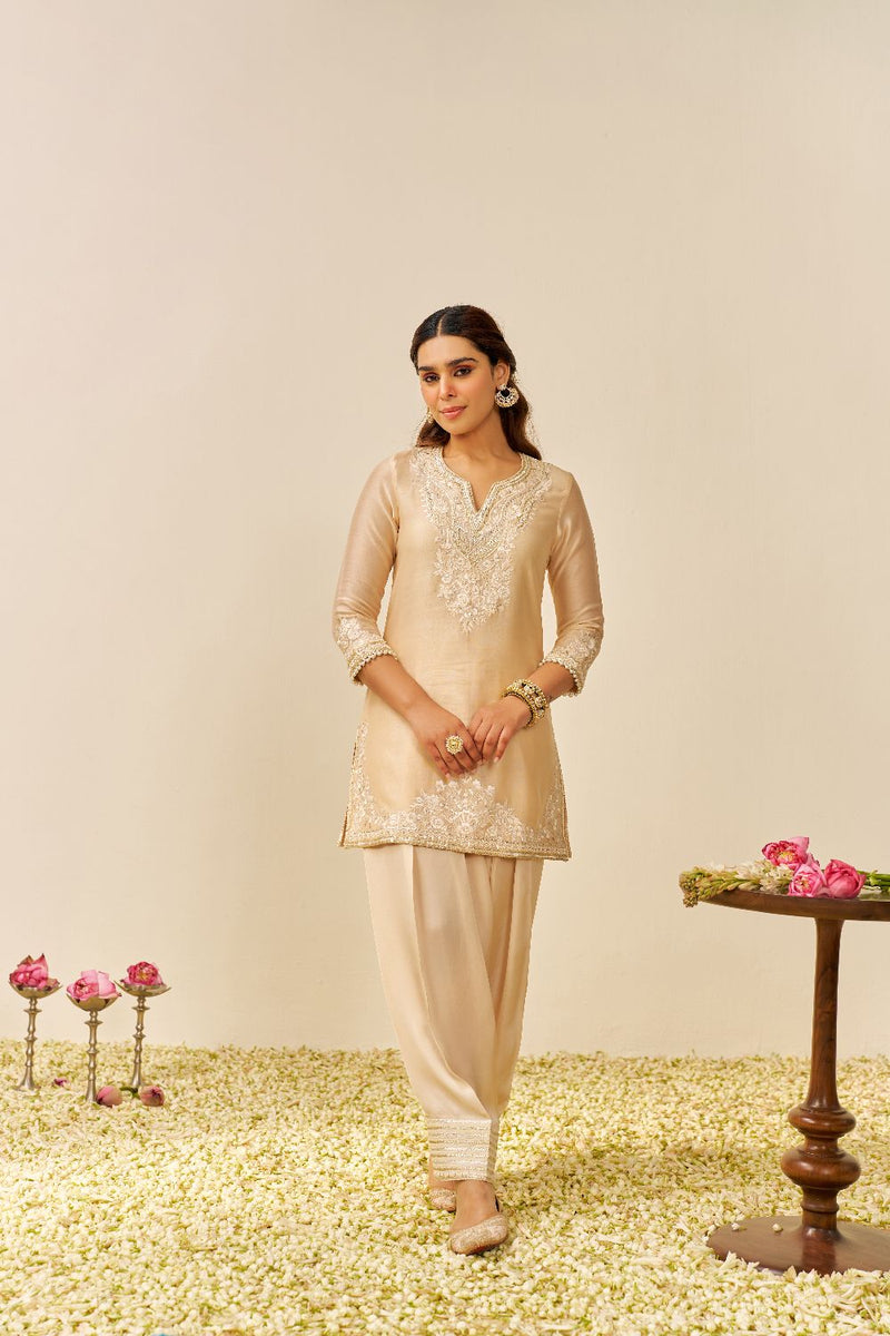 Haniya - Short Kurta With Salwar And Dupatta-Beige silk by SHEETAL BATRA in beige color for women in Singapore