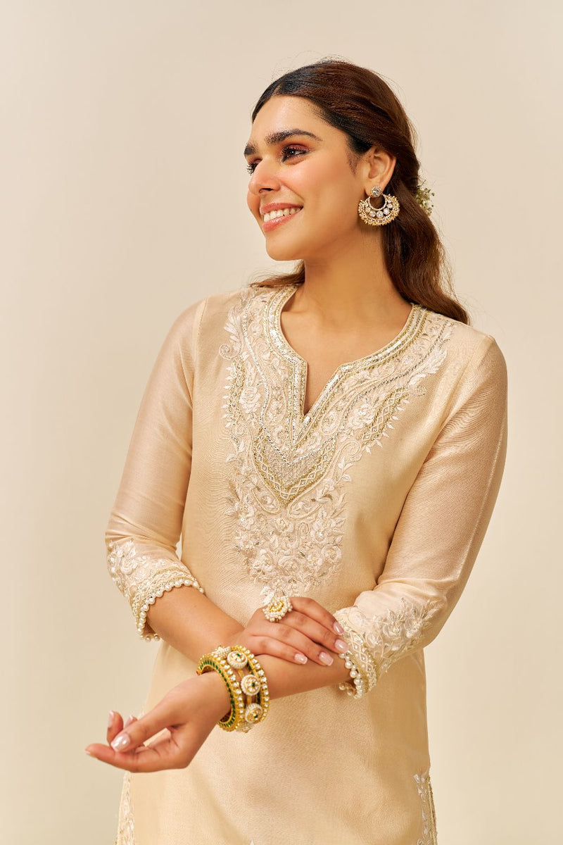 Haniya - Short Kurta With Salwar And Dupatta-Beige silk by SHEETAL BATRA in beige color for women in Singapore