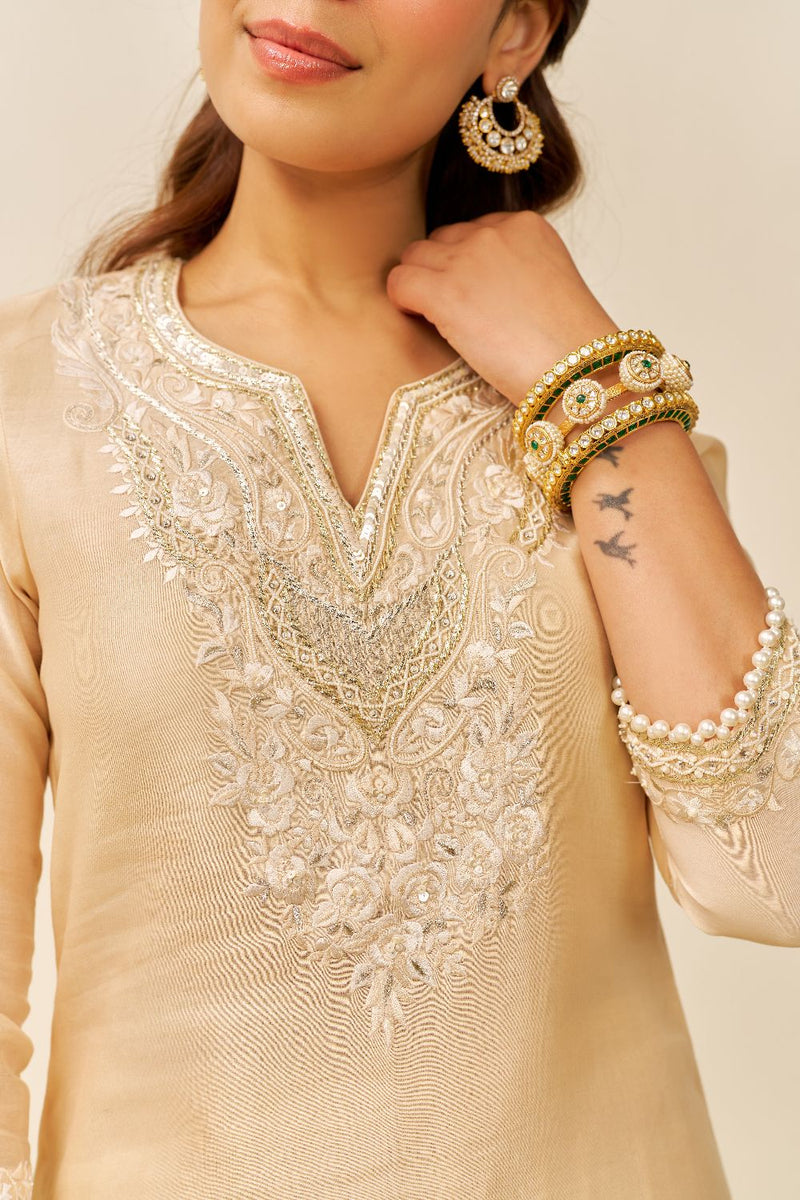 Haniya - Short Kurta With Salwar And Dupatta-Beige silk by SHEETAL BATRA in beige color for women in Singapore