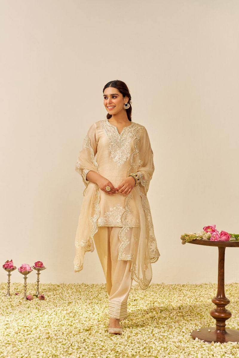Haniya - Short Kurta With Salwar And Dupatta-Beige silk by SHEETAL BATRA in beige color for women in Singapore