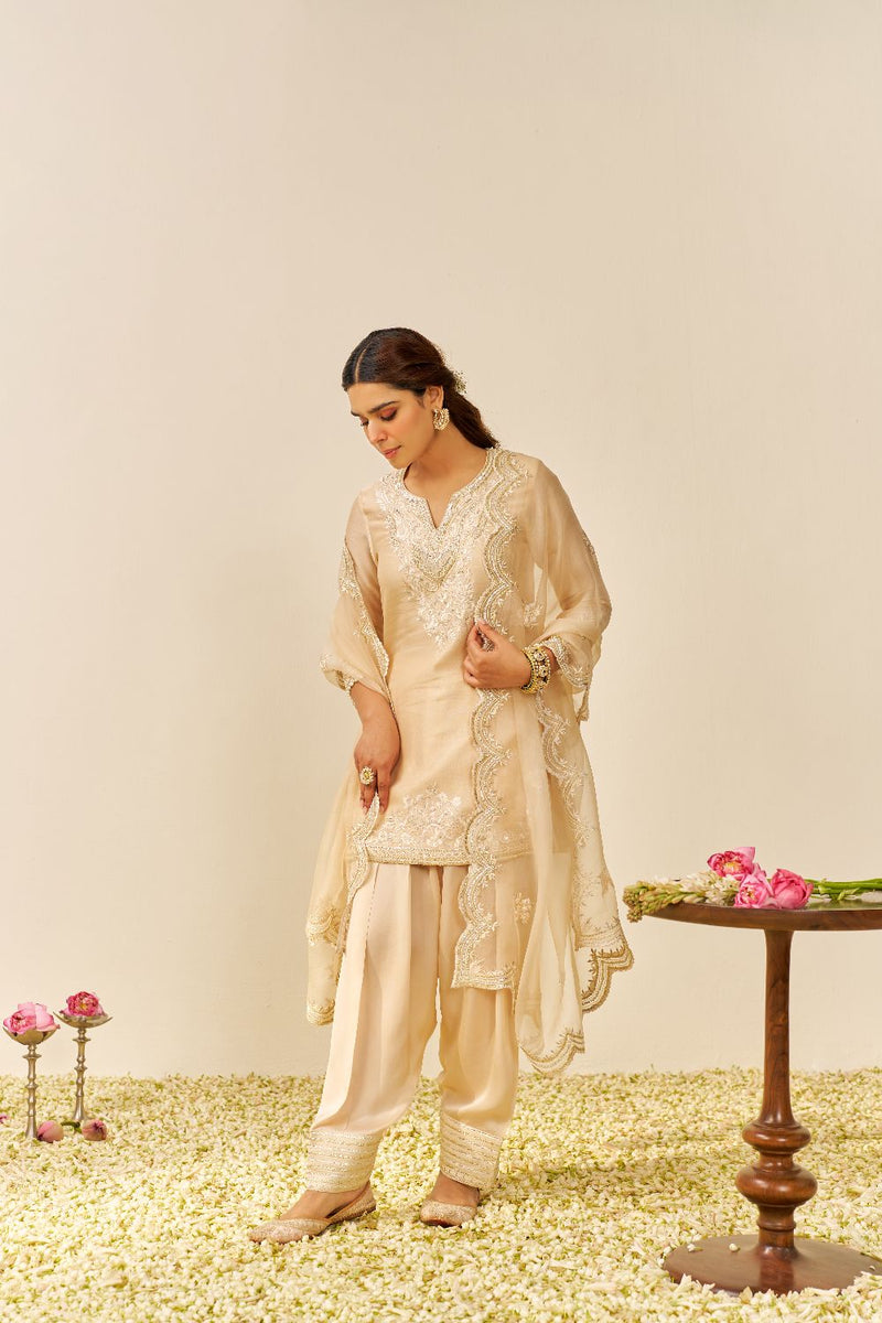 Haniya - Short Kurta With Salwar And Dupatta-Beige silk by SHEETAL BATRA in beige color for women in Singapore
