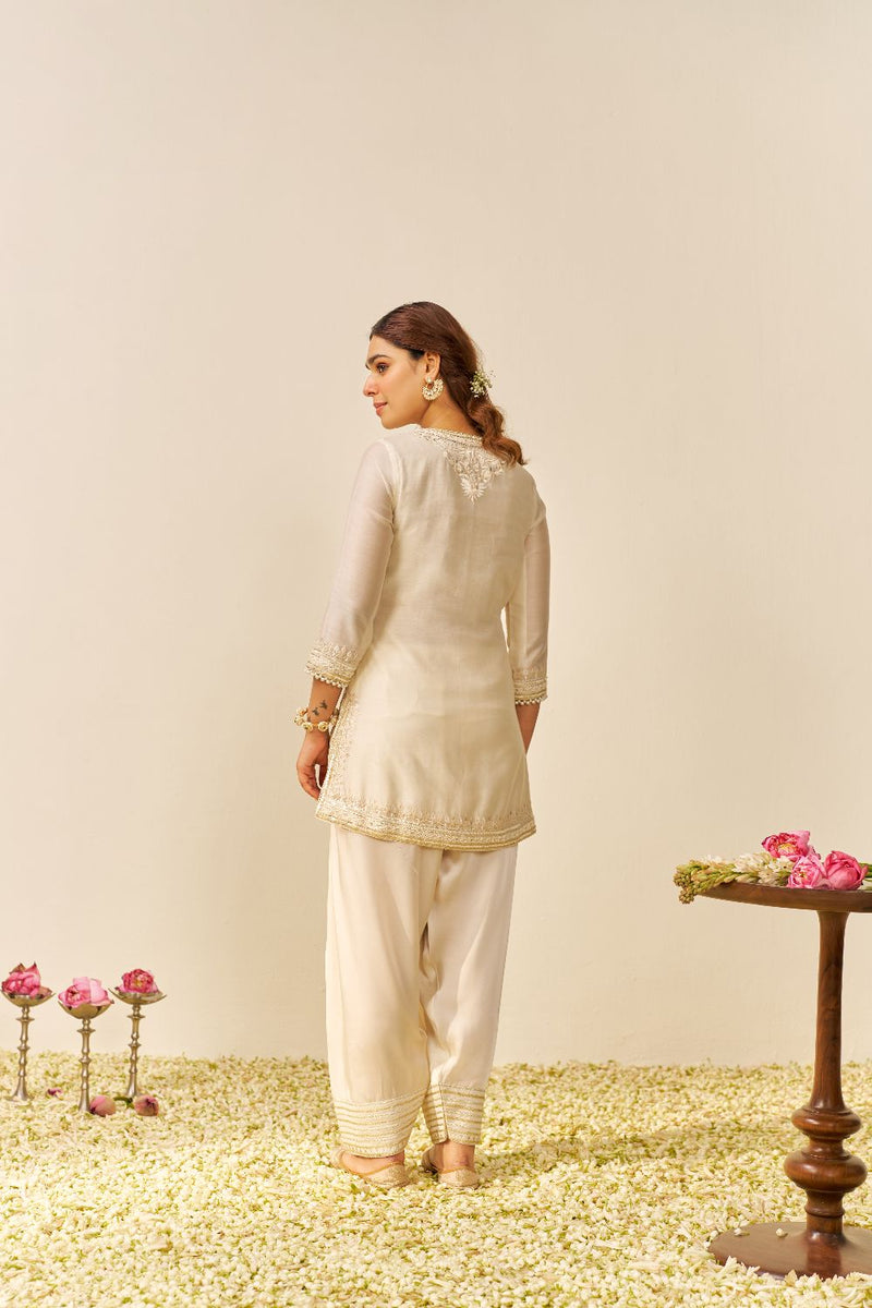 Sara - Short Kurta With Salwar And Dupatta-Daisy Ivory silk by SHEETAL BATRA in ivory color for women in Singapore