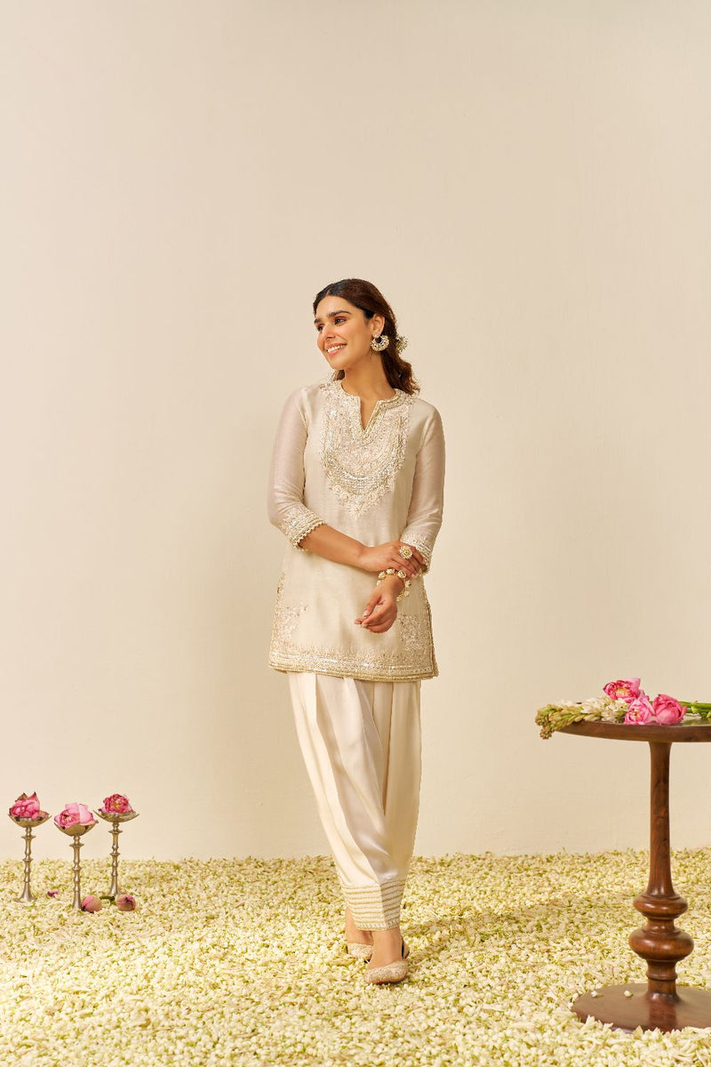 Sara - Short Kurta With Salwar And Dupatta-Daisy Ivory silk by SHEETAL BATRA in ivory color for women in Singapore