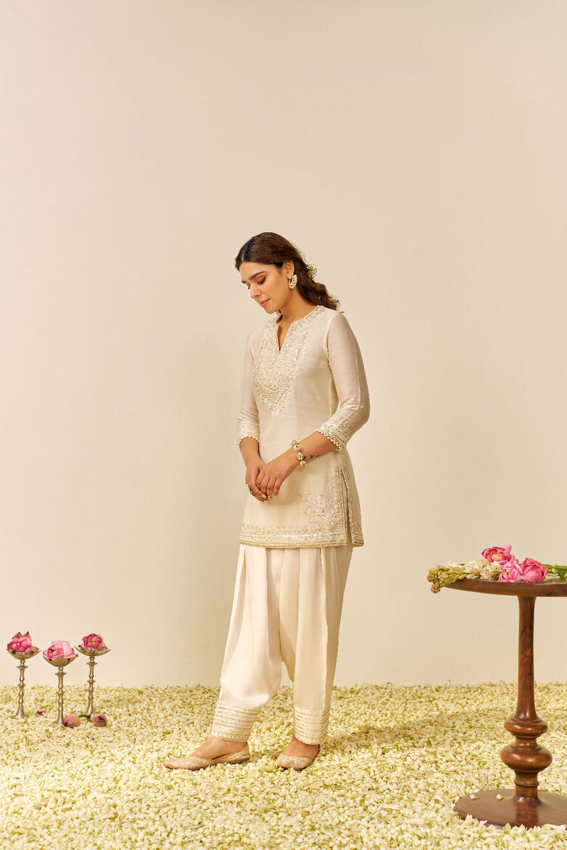 Sara - Short Kurta With Salwar And Dupatta-Daisy Ivory silk by SHEETAL BATRA in ivory color for women in Singapore