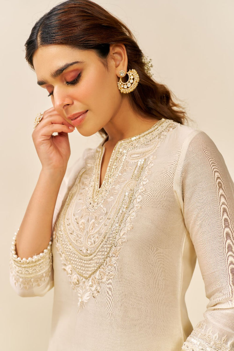 Sara - Short Kurta With Salwar And Dupatta-Daisy Ivory silk by SHEETAL BATRA in ivory color for women in Singapore