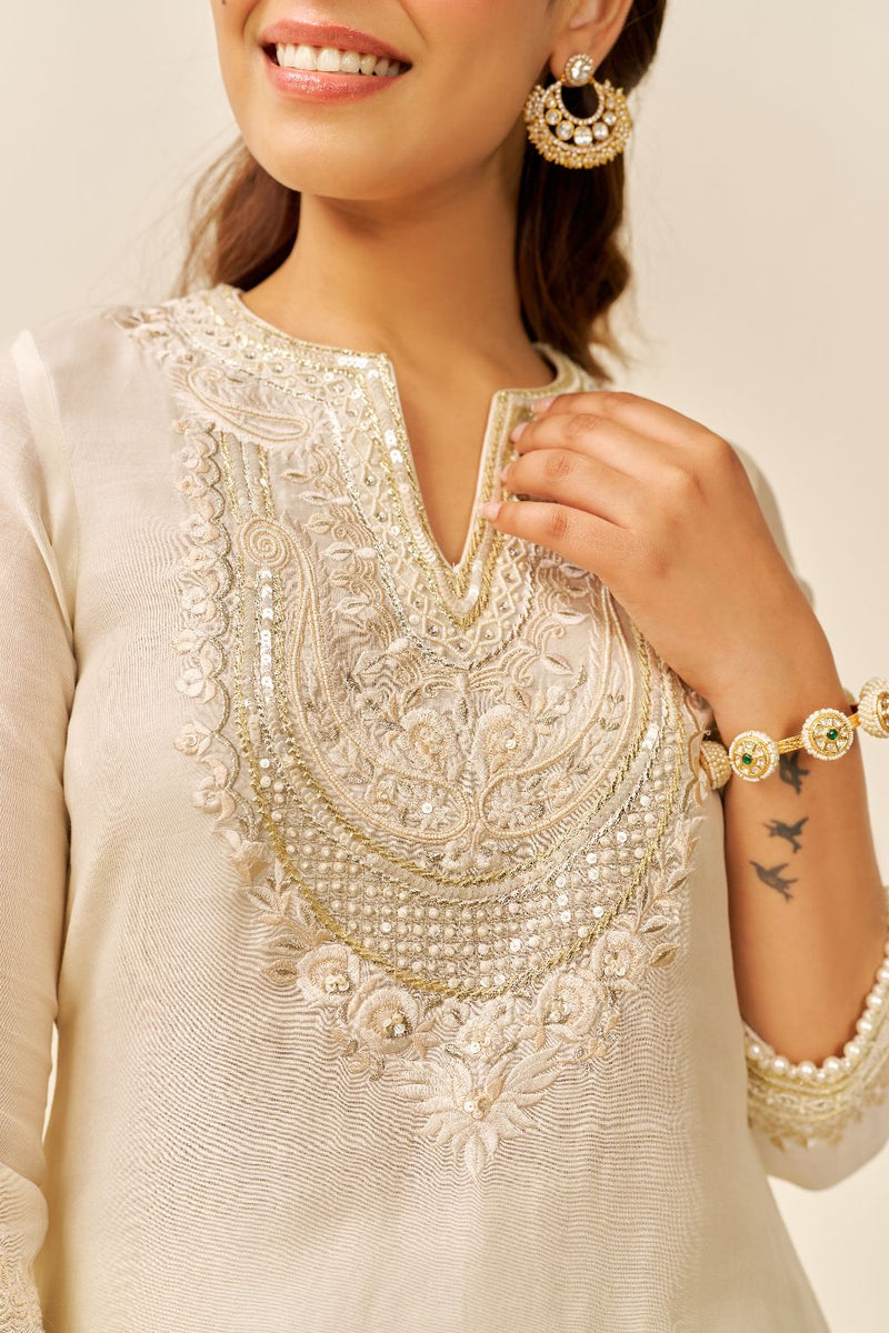 Sara - Short Kurta With Salwar And Dupatta-Daisy Ivory silk by SHEETAL BATRA in ivory color for women in Singapore