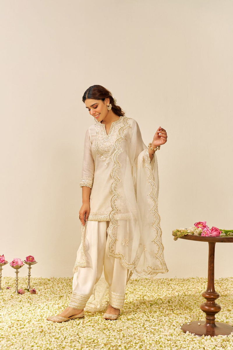Sara - Short Kurta With Salwar And Dupatta-Daisy Ivory silk by SHEETAL BATRA in ivory color for women in Singapore
