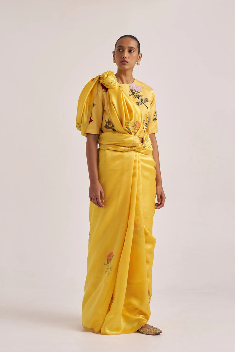 Seerat Sari handwoven mulberry silk by Suparna Som in yellow for women in Singapore