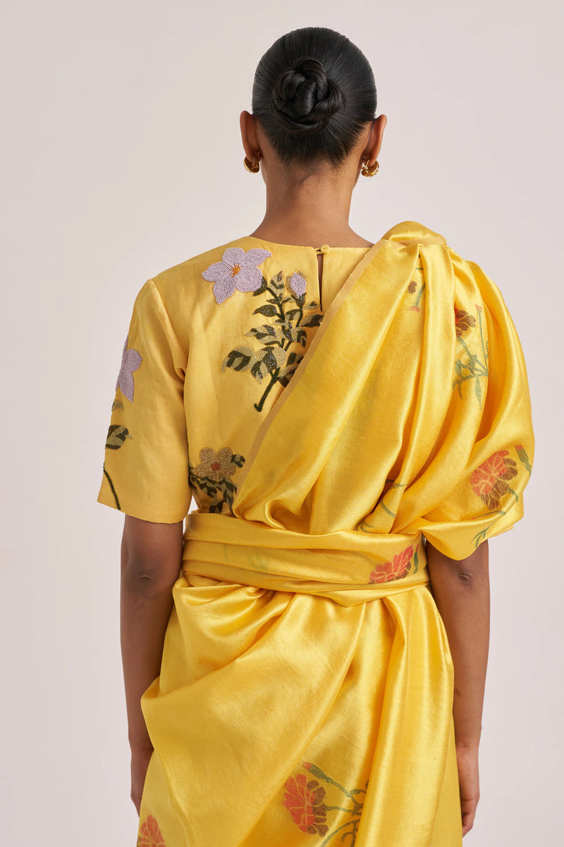 Seerat Sari handwoven mulberry silk by Suparna Som in yellow for women in Singapore