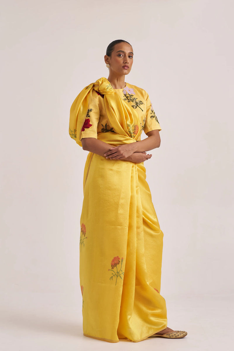 Seerat Sari handwoven mulberry silk by Suparna Som in yellow for women in Singapore