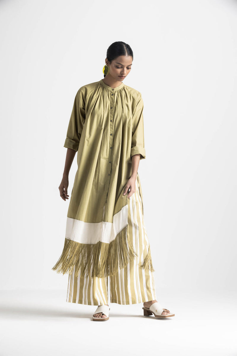 FRINGE GATHER NECK SHIRT - MOSS GREEN poplin by THREE in green color for women in Singapore