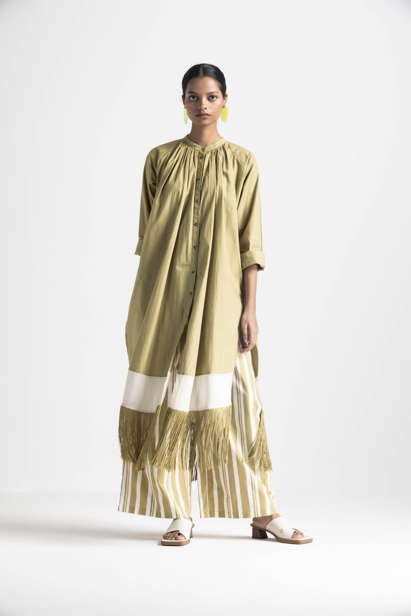FRINGE GATHER NECK SHIRT - MOSS GREEN poplin by THREE in green color for women in Singapore