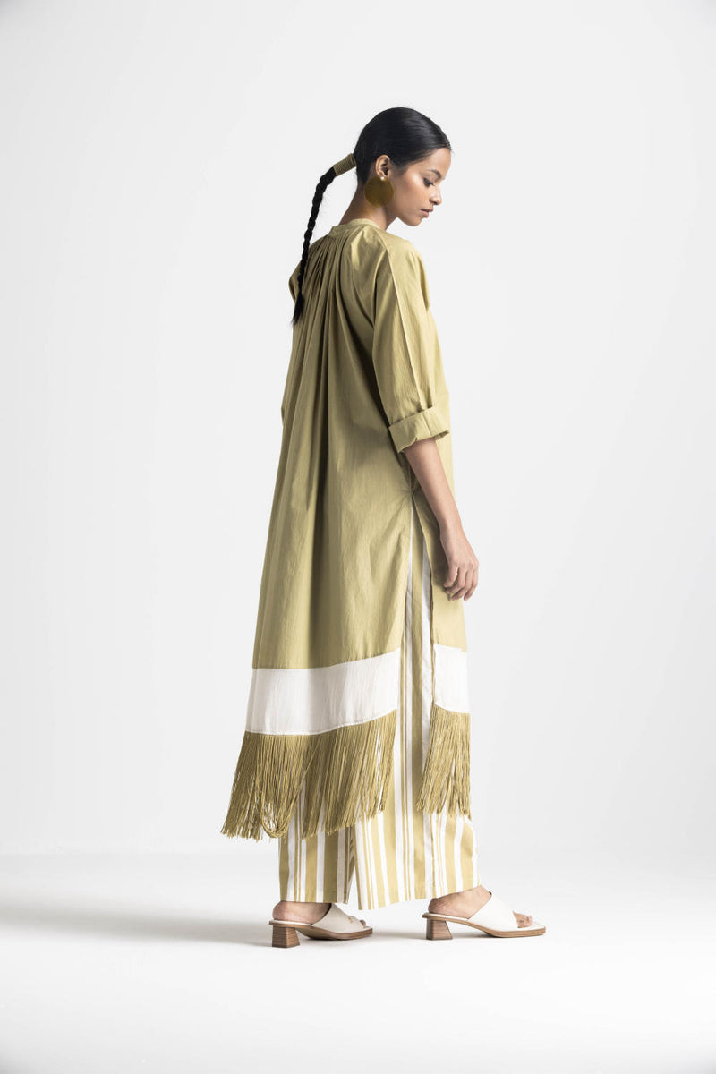 FRINGE GATHER NECK SHIRT - MOSS GREEN poplin by THREE in green color for women in Singapore