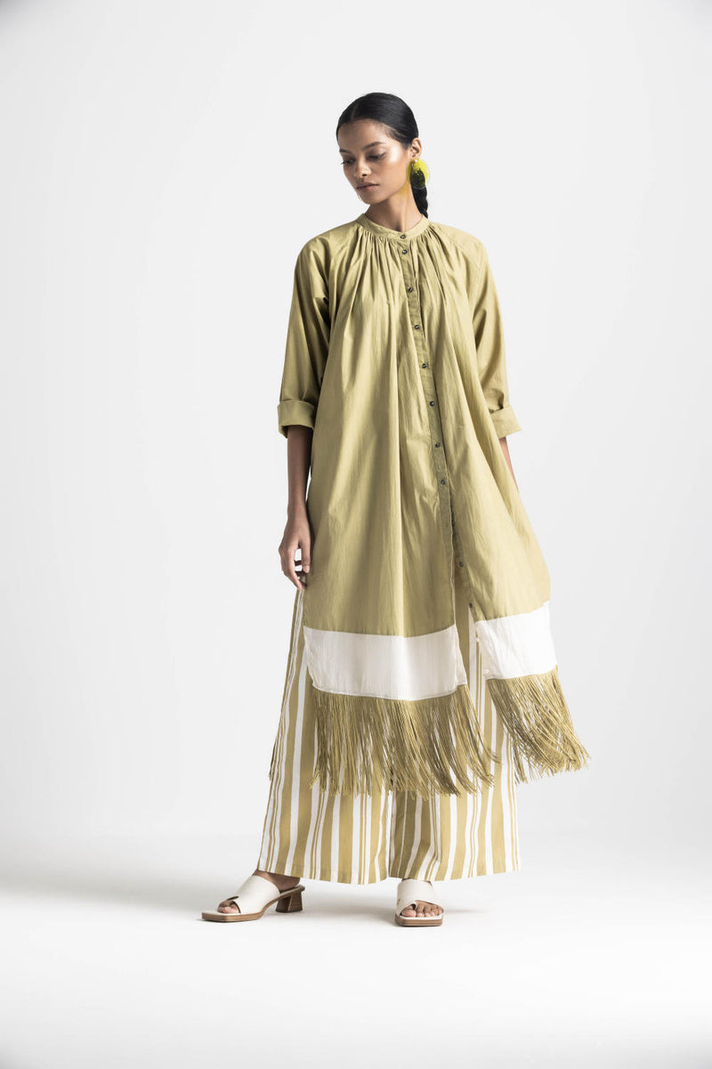 FRINGE GATHER NECK SHIRT - MOSS GREEN poplin by THREE in green color for women in Singapore