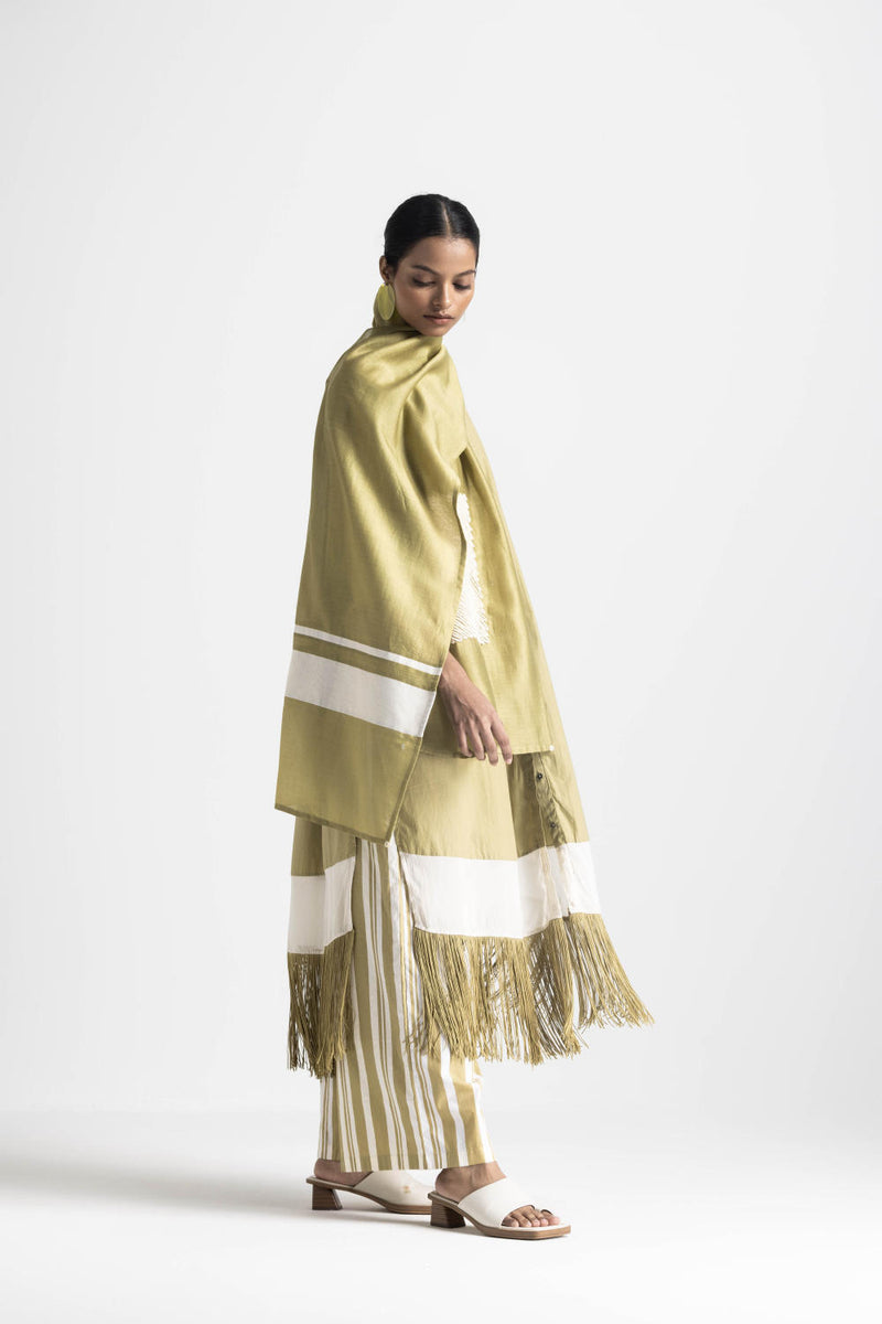 FRINGE GATHER NECK SHIRT - MOSS GREEN poplin by THREE in green color for women in Singapore