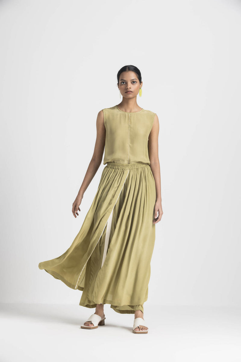 ROUND NECK TOP - MOSS GREEN silk by THREE in green color for women in Singapore