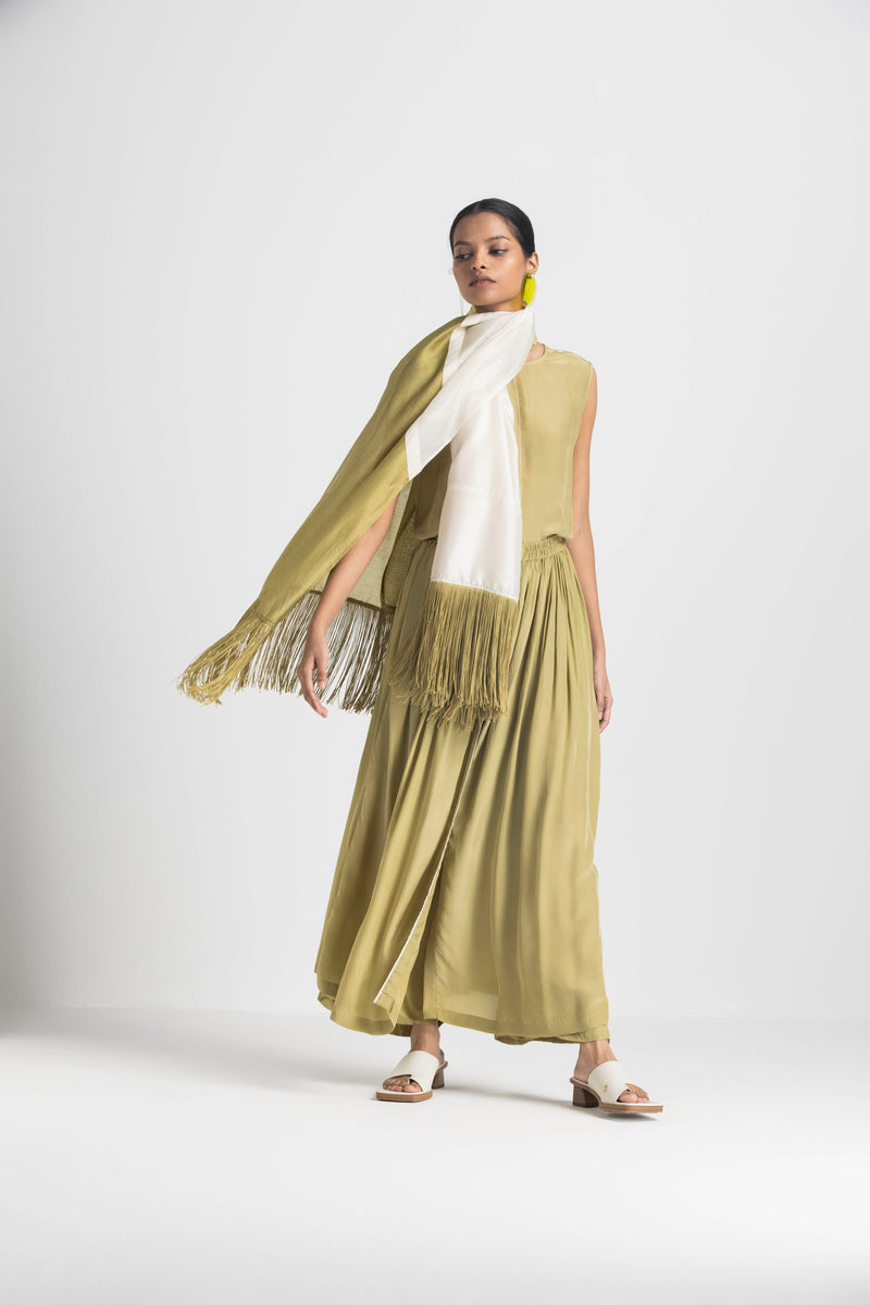 FRINGE SCARF- MOSS GREEN & IVORY chanderi by THREE for women in Singapore