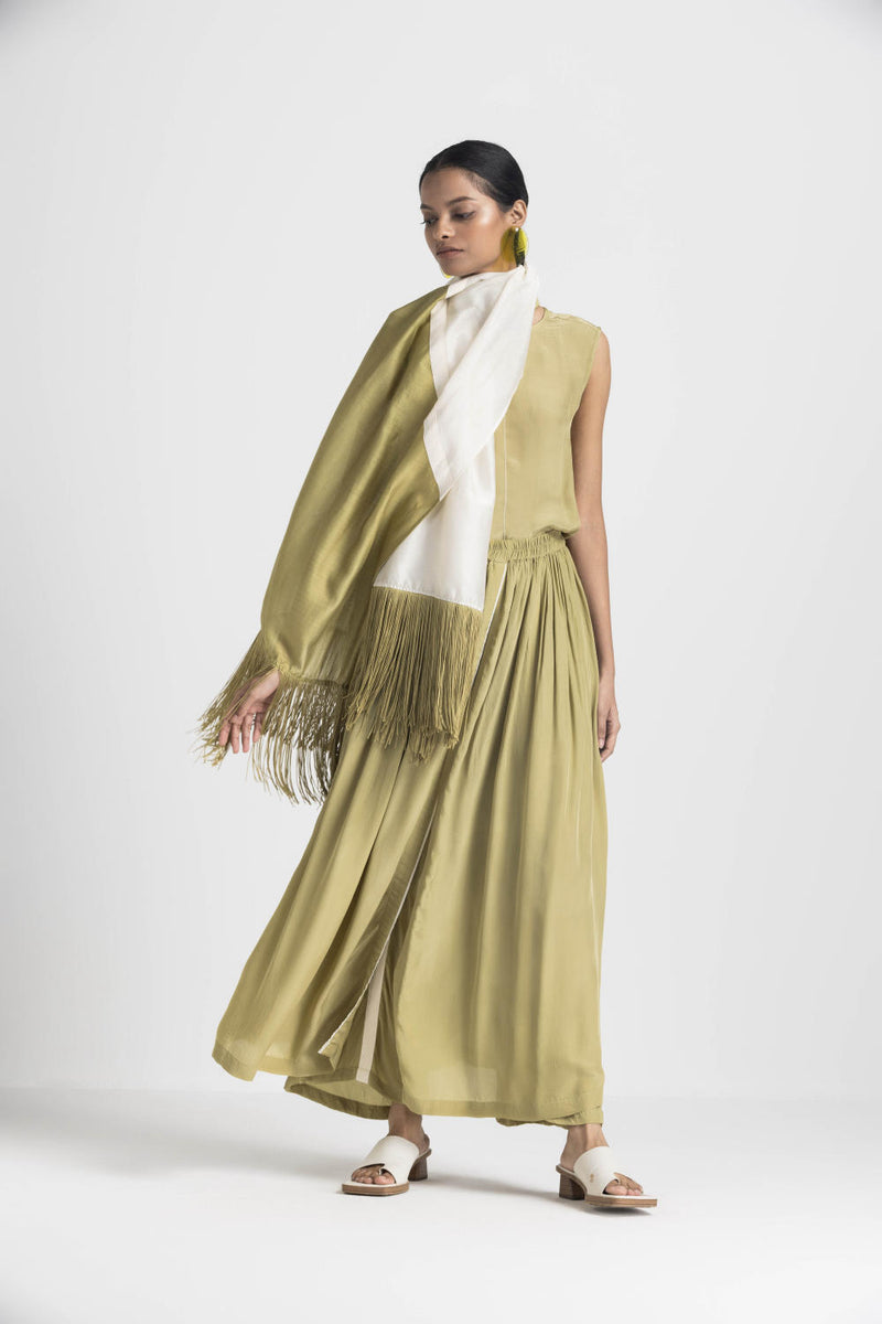 ROUND NECK TOP CO ORD (SET OF 3) - MOSS GREEN by THREE in green color for women in Singapore