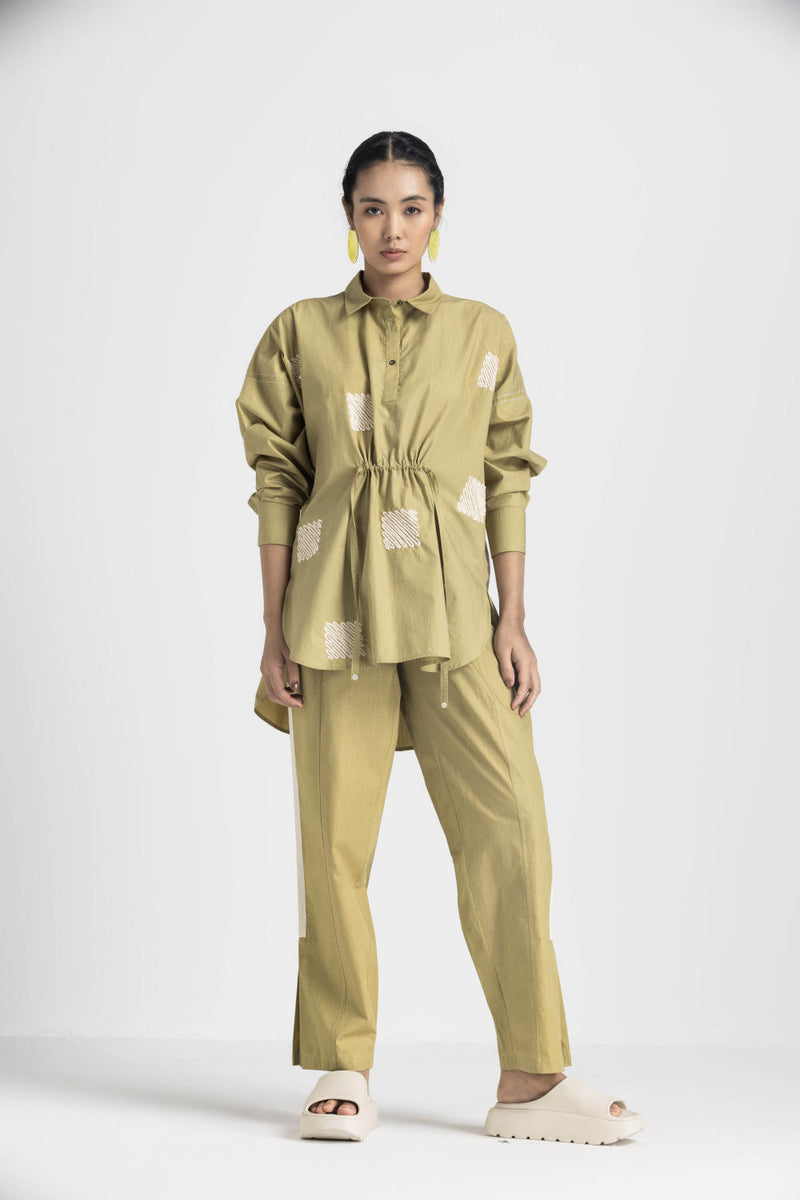 EMB. DRAWSTRING TOP CO ORD - MOSS GREEN poplin by THREE in green color for women in Singapore