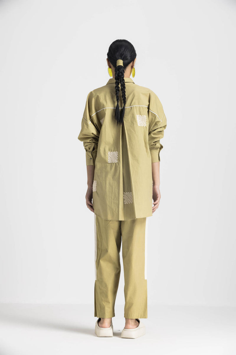EMB. DRAWSTRING TOP CO ORD - MOSS GREEN poplin by THREE in green color for women in Singapore