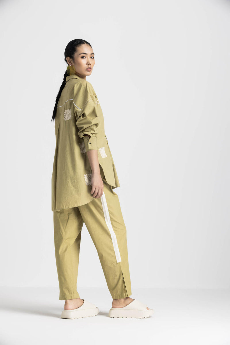 EMB. DRAWSTRING TOP - MOSS GREEN poplin by THREE in green color for women in Singapore