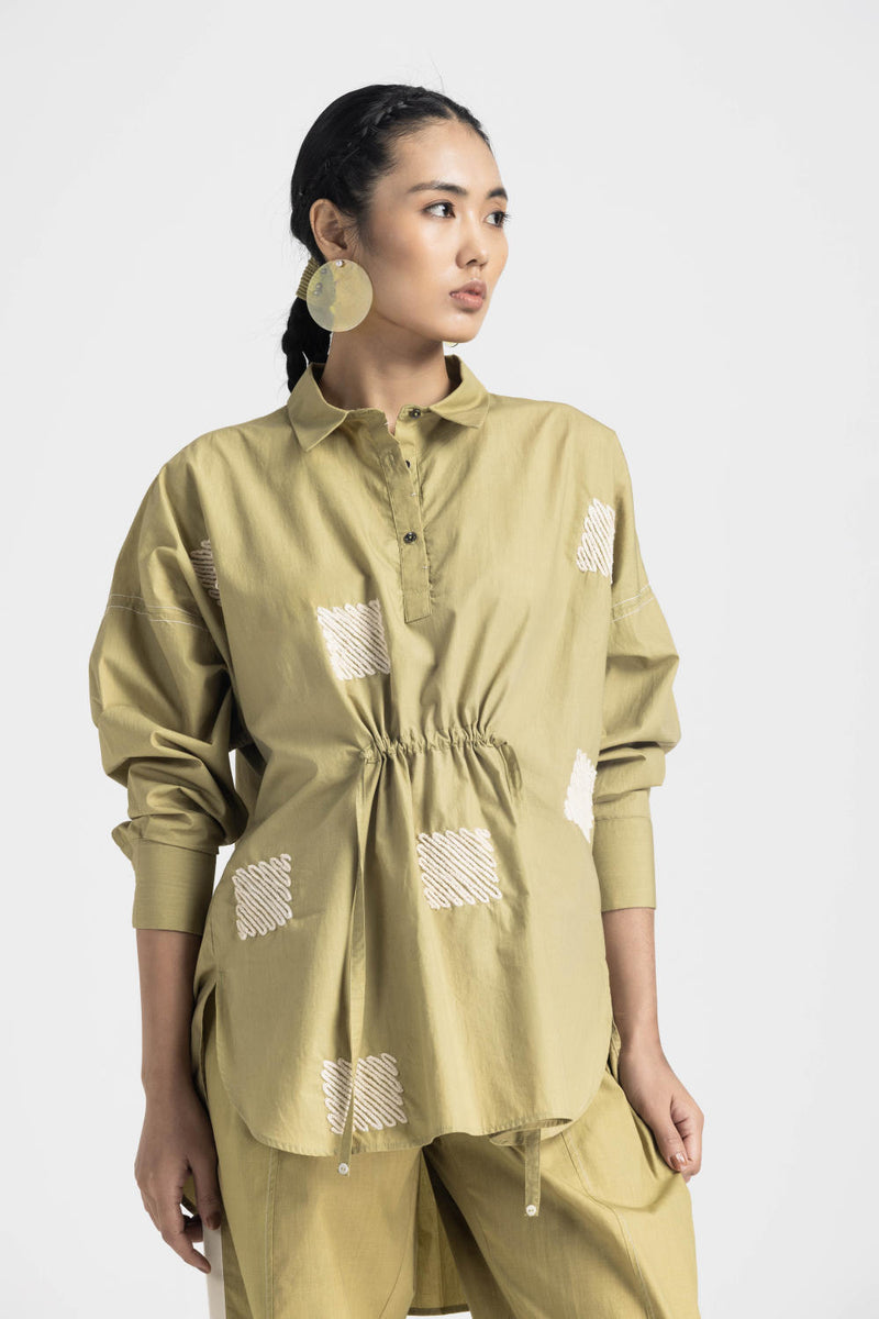 EMB. DRAWSTRING TOP - MOSS GREEN poplin by THREE in green color for women in Singapore