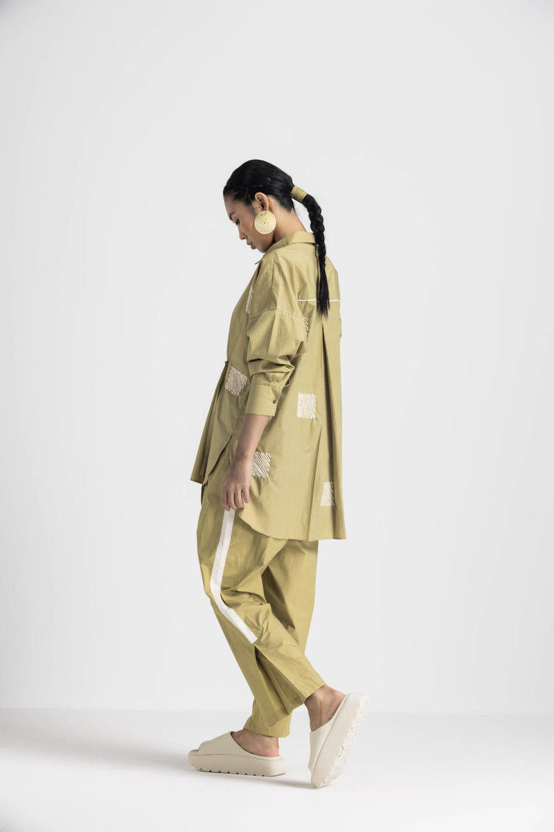 EMB. DRAWSTRING TOP CO ORD - MOSS GREEN poplin by THREE in green color for women in Singapore