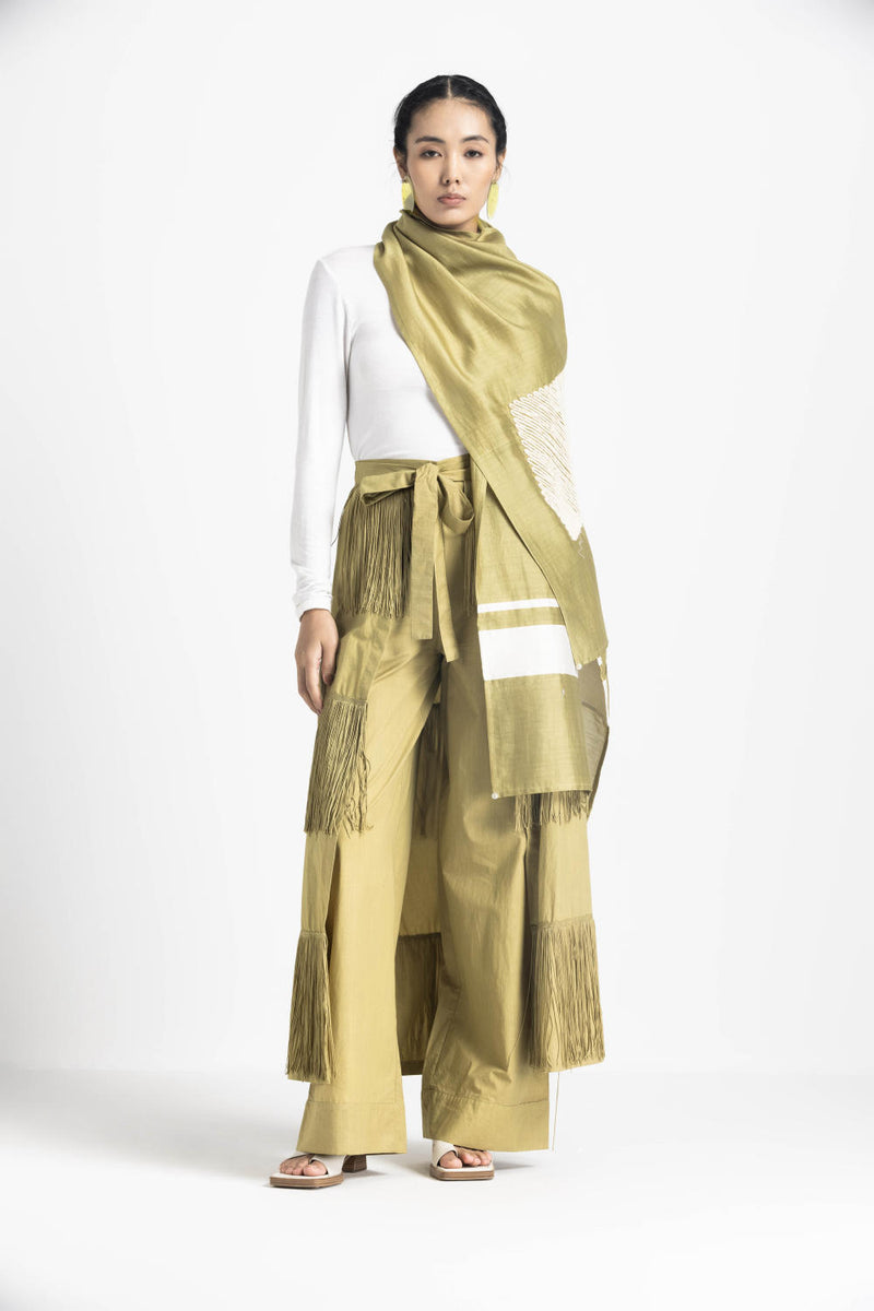 FRINGE SKIRT PANT CO ORD (SET OF 2) - MOSS GREEN poplin by THREE in green color for women in Singapore