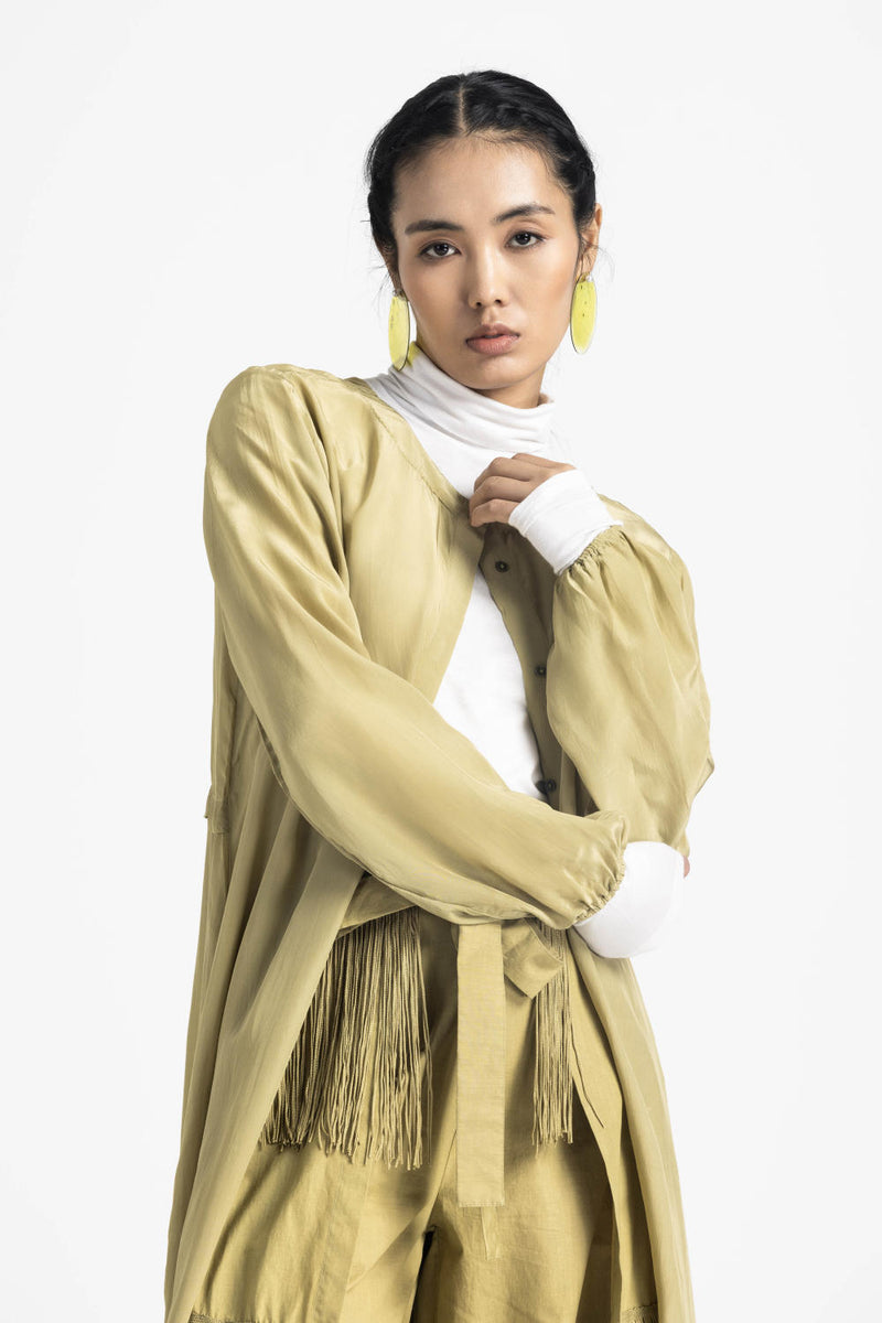 FRINGE SKIRT PANT CO ORD - MOSS GREEN by THREE in green color for women in Singapore