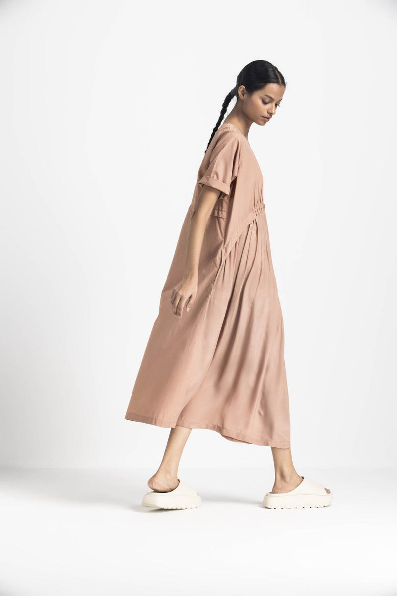 YOKE GATHER DRESS CO ORD - CHAMPAGNE by THREE in pink color for women in Singapore