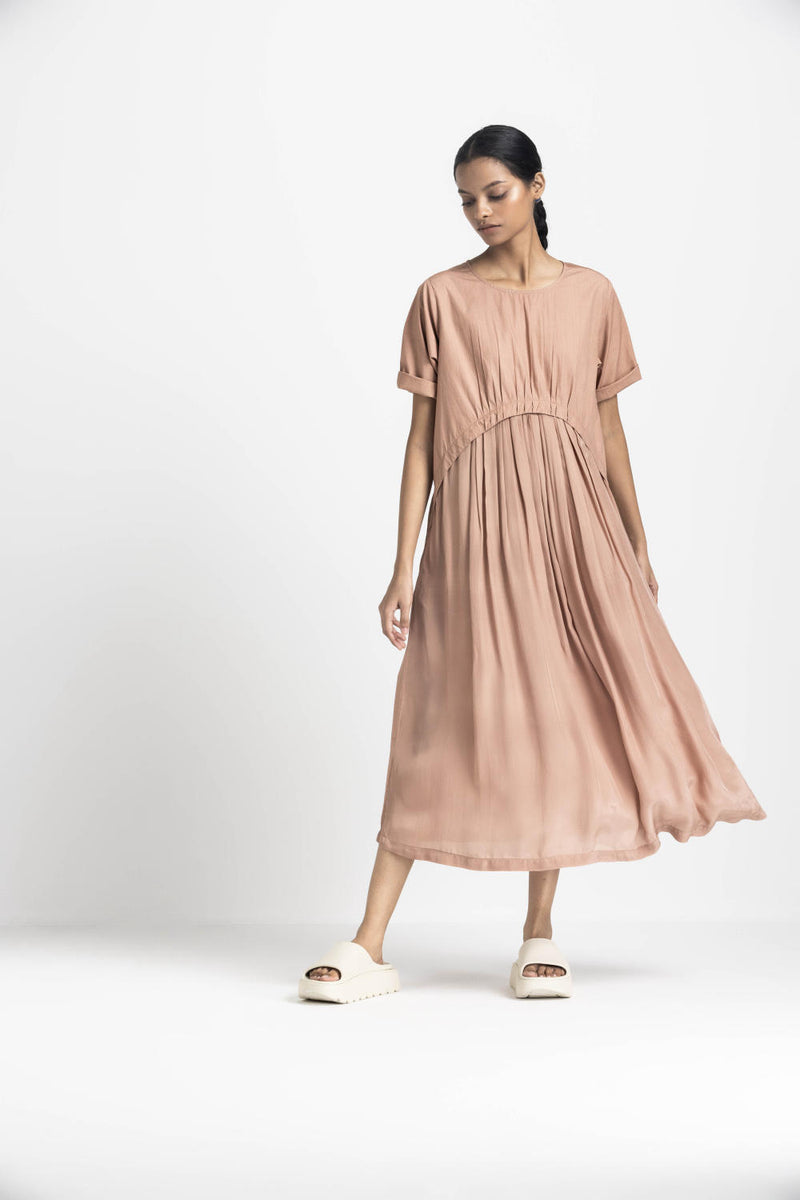 YOKE GATHER DRESS CO ORD - CHAMPAGNE by THREE in pink color for women in Singapore