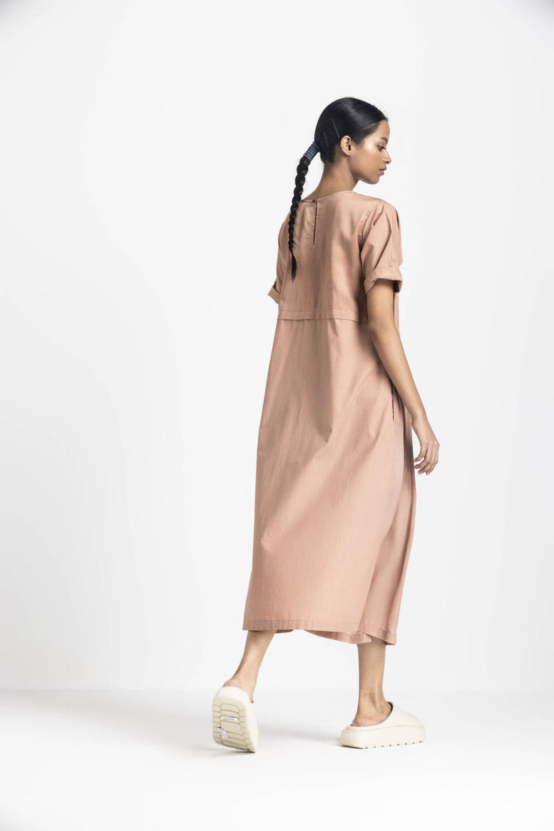YOKE GATHER DRESS CO ORD - CHAMPAGNE by THREE in pink color for women in Singapore