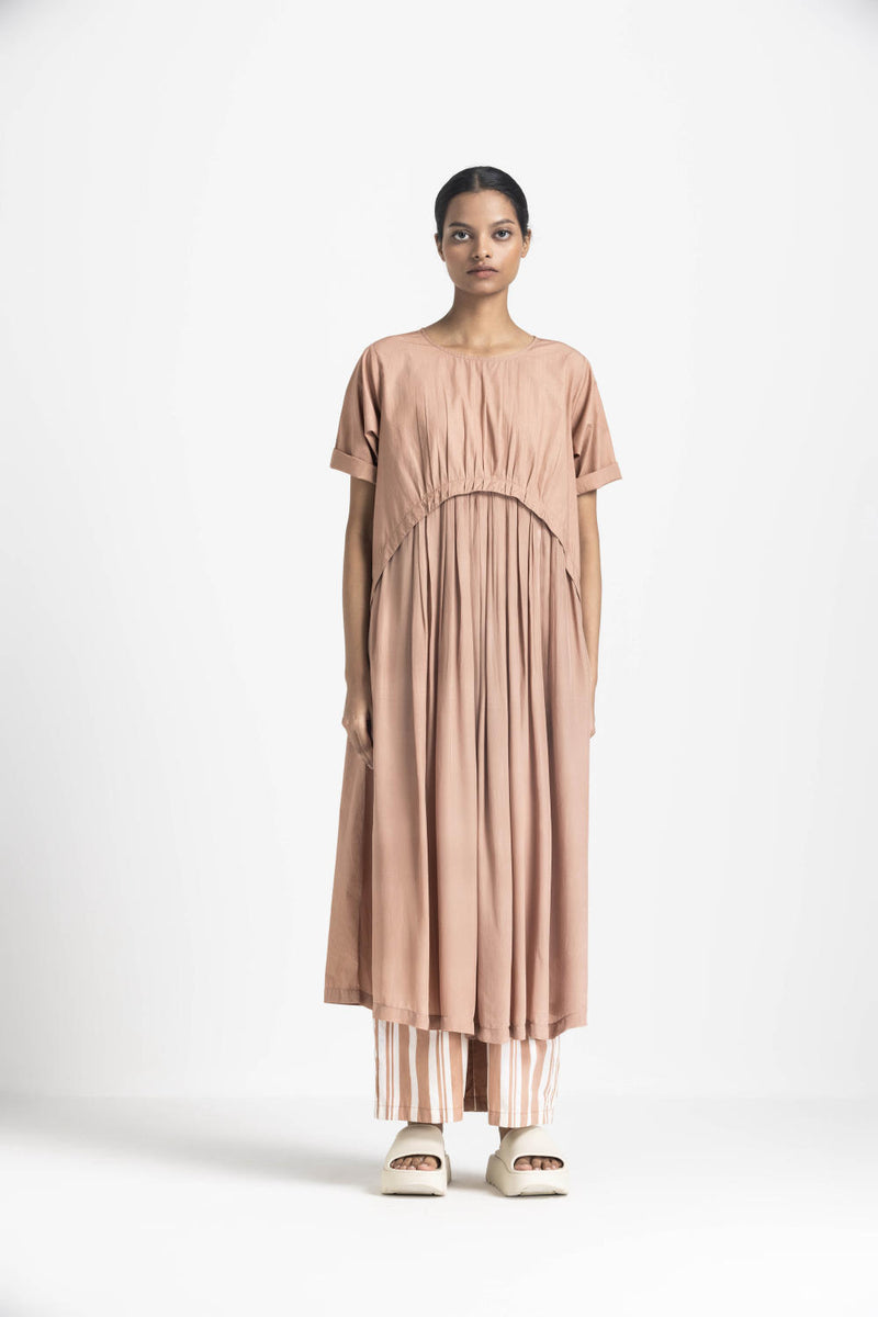 YOKE GATHER DRESS CO ORD - CHAMPAGNE by THREE in pink color for women in Singapore