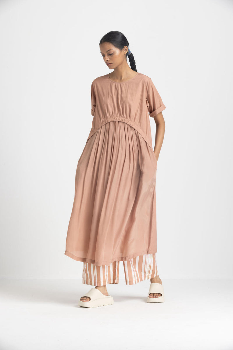YOKE GATHER DRESS - CHAMPAGNE poplin by THREE in pink color for women in Singapore