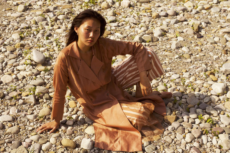 OVERLAP KAFTAN - CHAMPAGNE chanderi by THREE in pink color for women in Singapore