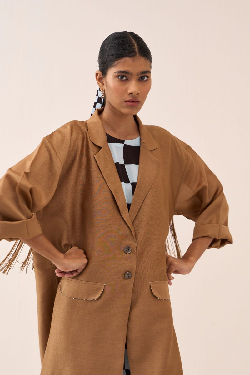 Back Tie Overlay Jacket (Set Of 2) chanderi by THREE in sand color for women in Singapore