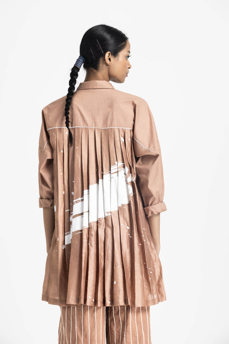 COLLARED BACK PLEAT SHIRT CO ORD - CHAMPAGNE poplin by THREE in pink color for women in Singapore
