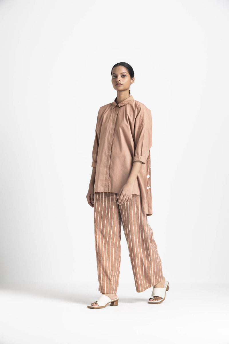 COLLARED BACK PLEAT SHIRT CO ORD - CHAMPAGNE poplin by THREE in pink color for women in Singapore