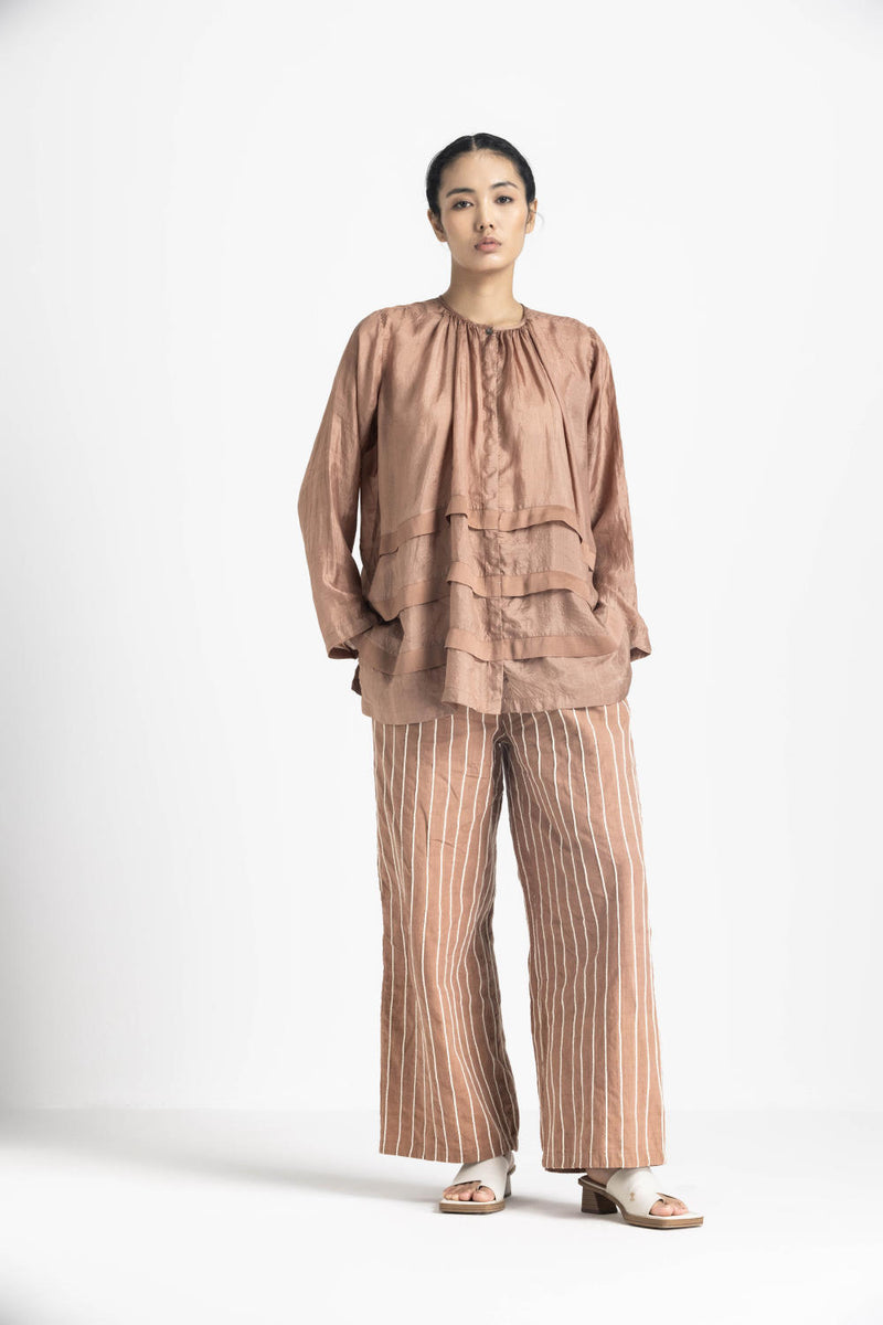 MULTI PLEAT TOP - CHAMPAGNE silk by THREE in pink color for women in Singapore