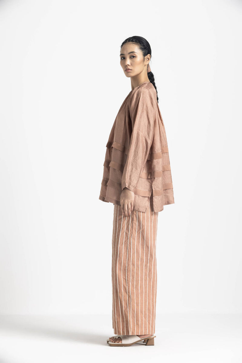 MULTI PLEAT TOP - CHAMPAGNE silk by THREE in pink color for women in Singapore